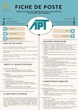 Bat Fiche De Poste Bat Employe De Menage Polyvalement