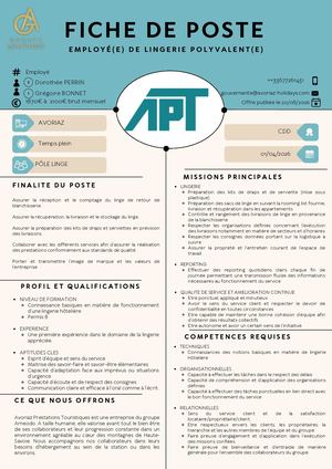 Lin Fiche De Poste Employe De Laverie Polyvalement
