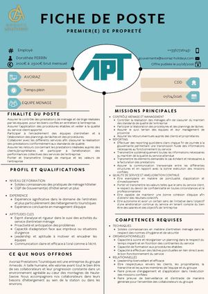 Men Fiche De Poste Premier(e) De Proprete