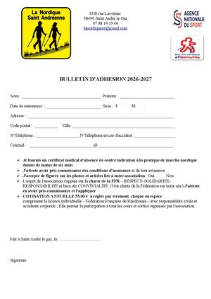 26 27 Nouveaux Adhérents Bulletin D'adhésion