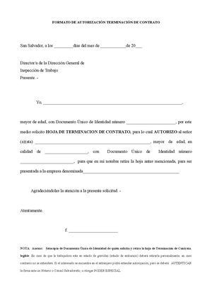 Formato De Autorizacion Por Medio De Terceros Terminacion Contrato