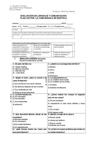 Evaluación Plan Lector La Cama Mágica De Bartolo 5to