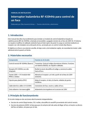 Manual de instalación: Interruptor inalámbrico RF 433MHz para control de un foco