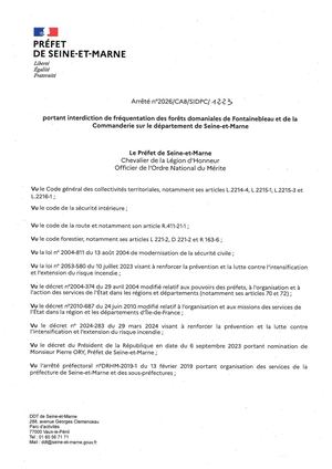 20260724 2026 Cab Sidpc 1223 Portant Interdiction Frequentation Foret Domaniales Fontainebleau Et De La Commanderie