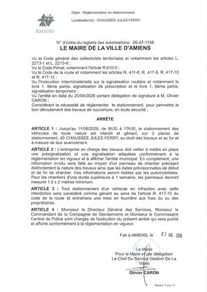 26 AT 1158 Réglementation Du Stationnement Chaussée Jules Ferry Jusqu'au 11 08 2026   - Publiée Le 27 07 2026