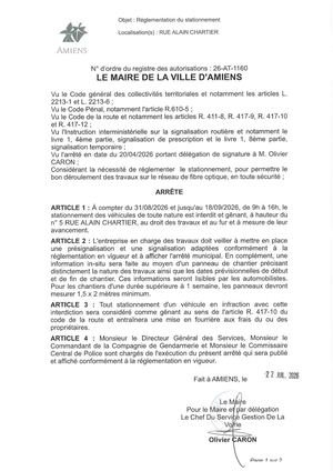 26 AT 1160 Réglementation Du Stationnement Rue Alain Chartier Du 31 08 2026 Au 18 09 2026  - Publiée Le 27 07 2026
