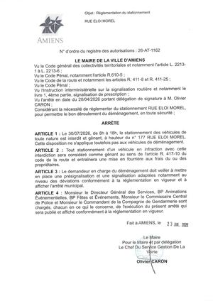 26 AT 1162 Réglementation Du Stationnement Rue Eloi Morel Le 30 07 2026  - Publiée Le 27 07 2026