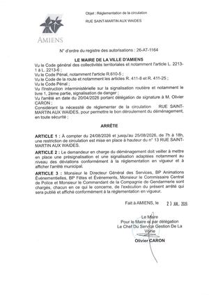 26 AT 1164 Réglementation  De La Circulation Rue Saint Martin Aux Waides Du 24 08 2026 Au 25 08 2026  - Publiée Le 27 07 2026