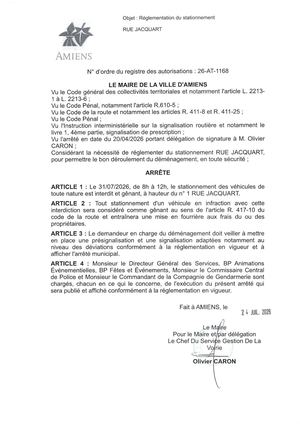 26 AT 1168 Réglementation Du Stationnement Rue Jacquart Le 31 07 2026 De 8h à 12h  - Publiée Le 27 07 2026