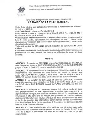 26 AT 1165 Réglementation Du Stationnement Et De La Circulation Rue Jean Marc Laurent Du 29 07 2026 Au 02 08 2026 - Publiée Le 27 07 2026