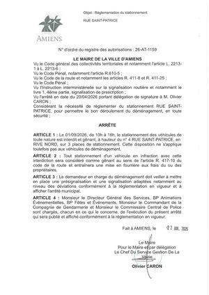 26 AT 1159 Réglementation Du Stationnement Rue Saint Patrice Le 01 09 2026 De 10h à 16h- Publiée Le 27 07 2026