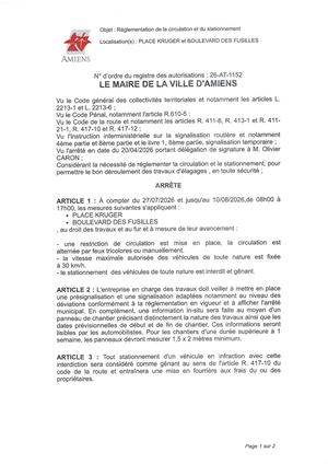 26 AT 1152 Réglementation Du Stationnement Et De La Circulation Place Kruger Et Boulevard Des Fusilles Du 27 07 2026 Au 10 08 2026 - Publiée Le 27 07 2026