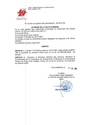 26 AP 0126 Réglementation Du Stationnement Mail Albert 1er -Arrétê 17 AP 883 Est Abrogé  - Publiée Le 27 07 2026