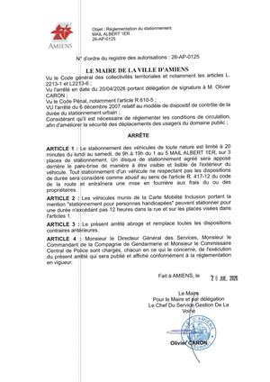 26 AP 0125 Réglementation Du Stationnement Mail Albert 1er  - Publiée Le 27 07 2026