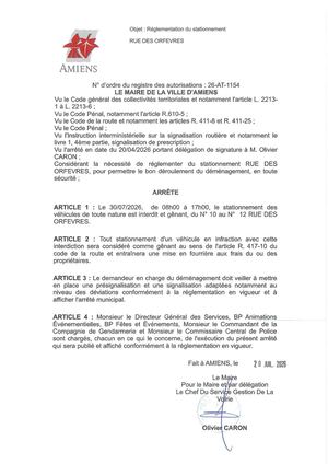 26 AT 1154 Réglementation Du Stationnement Interdiction De Stationnement - RUE DES ORFEVRES Le 30 07 2026 - Publiée Le 27 07 2026
