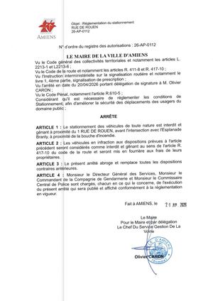 26 AP 0112  Réglementation Du Stationnement Interdiction De Stationnement - RUE DE ROUEN - Publiée Le 27 07 2026