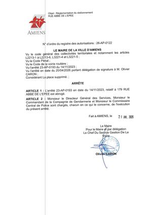 26 AP 0122  Réglementation Du Stationnement -Stationnement Réservé PMR - RUE ABBE DE L'EPEE Est Abrogé - Publiée Le 27 07 2026