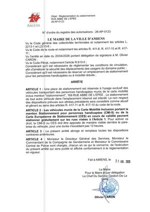 26 AP 0123  Réglementation Du Stationnement Stationnement Réservé PMR - RUE ABBE DE L'EPEE - Publiée Le 27 07 2026