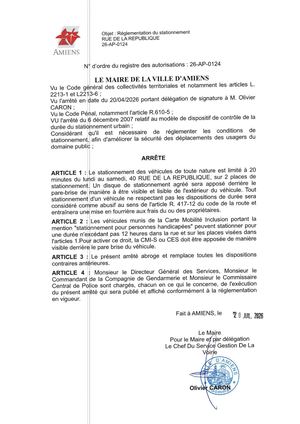 26 AP 0124  Réglementation Du Stationnement Rue De La Republique - Stationnement Zone Bleue - Publiée Le 27 07 2026