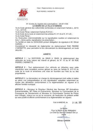 26 AT 1155 Réglementation Du Stationnement Rue Pierre L'Hermitte Le 30 07 2026 De 8h à 18h - Publiée Le 27 07 2026