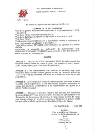 26 AT 1149 Réglementation Du Stationnement Rue Marguerite Hemart Ferandier Jusqu'au 20 07 2026 - Publiée Le 27 07 2026
