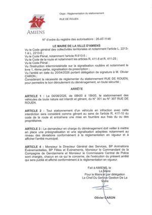 26 AT 1146 Réglementation Du Stationnement Rue De Rouen Le 04 08 2026 - Publiée Le 27 07 2026