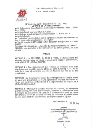 26 AT 1150 Réglementation Du Stationnement Rue De L'Amiral Perree Le 30 07 2026 - Publiée Le 27 07 2026