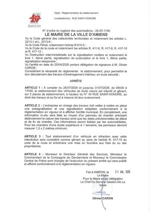 26 AT 1156 Réglementation Du Stationnement Rue Saint Honoré Du 28 07 2026 Au 31 07 2026 - Publiée Le 27 07 2026