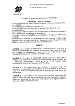 26 AT 1129 Réglementation Du Stationnement Place Leon Debouverie Du 14 07 2026 Au 19 07 2026- Publiée Le 27 07 2026