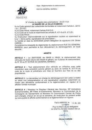 26 AT 1131 Réglementation Du Stationnement Rue Du General Barbou Le 28 07 2026 - Publiée Le 27 07 2026