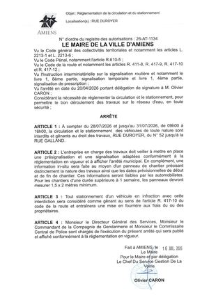 26 AT 1134 Réglementation De La Circulation Et Du Stationnement Rue Duroyer Le 28 07 2026 Au 31 07 2026 - Publiée Le 27 07 2026