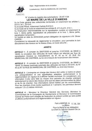 26 AT 1138 Réglementation De La Circulation Rue Du Marechal De Castries Du 28 07 2026 Au 31 07 2026 - Publiée Le 27 07 2026