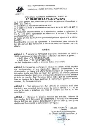 26 AT 1130 Réglementation Du Stationnement Rue De Saveuse Et Rue D'Abbeville Du 10 08 2026 Au 28 08 2026- Publiée Le 27 07 2026