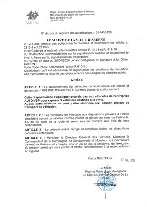 26 AP 0130 Interdiction De Stationnement - RUE D'ABBEVILLE - Publiée Le 27 07 2026