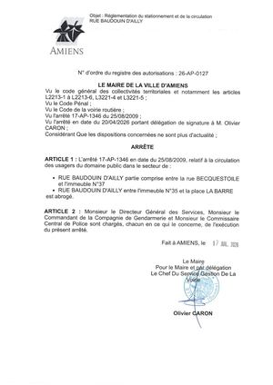 26 AP 0127 Réglementation Du Stationnement Interdiction De Stationnement - Rue Baudouin D'AILLY - Arrêté 17 AP 1346 - Publiée Le 27 07 2026