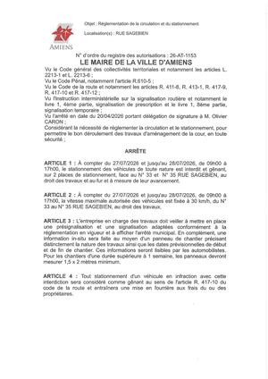 26 AT 1153 Réglementation Du Stationnement Interdiction De Stationnement - Rue Sagebien Du 27 07 2026 Au 28 07 2026- Publiée Le 27 07 2026