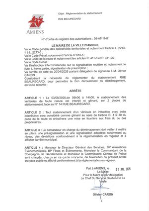 26 AT 1147 Réglementation Du Stationnement Rue Beauregard Le 03 08 2026 De 8h à 14h- Publiée Le 27 07 2026