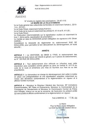 26 AT 1115 Réglementation Du Stationnement Rue De Doullens Le 20 07 2026 - Publiée Le 27 07 2026