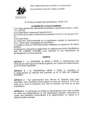 26 AT 1117 Réglementation De La Circulation Et Du Staionnement Rue Caudron Et Rue De L'Amiral Courbet Le 05 08 2026 - Publiée Le 27 07 2026