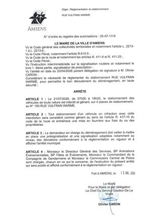 26 AT 1118 Réglementation Du Stationnement Rue Vulfran Warme Le 21 07 2026- Publiée Le 27 07 2026