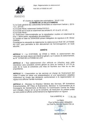 26 AT 1119 Réglementation Du Stationnement Rue De La Fosse Au Lait Le 21 07 2026  - Publiée Le 27 07 2026