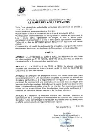 26 AT 1120 Réglementation De La Circulation Rue Du Cloitre De La Barge Le 07 08 2026 - Publiée Le 27 07 2026