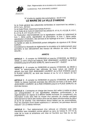26 AT 1110 Réglementation Du Stationnement Et De La Circulation Rue Jean Marc Laurent Du 03 08 2026 Au 07 08 2026  - Publiée Le 27 07 2026