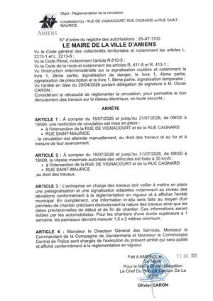 26 AT 1100 Réglementation De La Circulation Rue De Vignacourt , Rue Cagnard Et Rue Saint Maurice Du 15 07 2026 Au 31 07 2026 - Publiée Le 27 07 2026