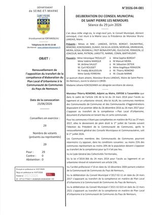 Delib 2026 04 081 Renouvellement De L'opposition Au Transfert De La Compétence À La Ccpn