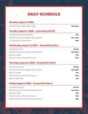 2026 USLA National Lifeguard Championships Daily Schedule