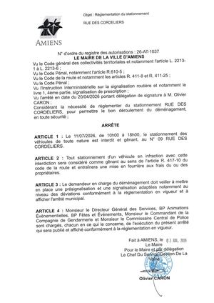 26 AT 1037 Réglementation Du Stationnement Rue Des Cordeliers Le 11 07 2026 - Publiée Le 28 07 2026