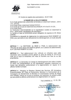 26 AT 1038 Réglementation Du Stationnement Rue Robert Le Coq Le 08 07 2026  - Publiée Le 28 07 2026