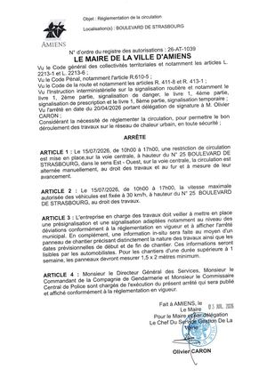 26 AT 1039 Réglementation Du Stationnement Et De La Circulation Boulevard De Strabourg Le 15 07 2026 - Publiée Le 28 07 2026
