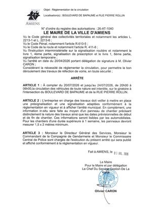 26 AT 1040 Réglementation Du Stationnement Et De La Circulation Boulevard De Bapaume Et Rue Pierre Rollin Du 20 07 2026 Au 24 07 2026  - Publiée Le 28 07 2026